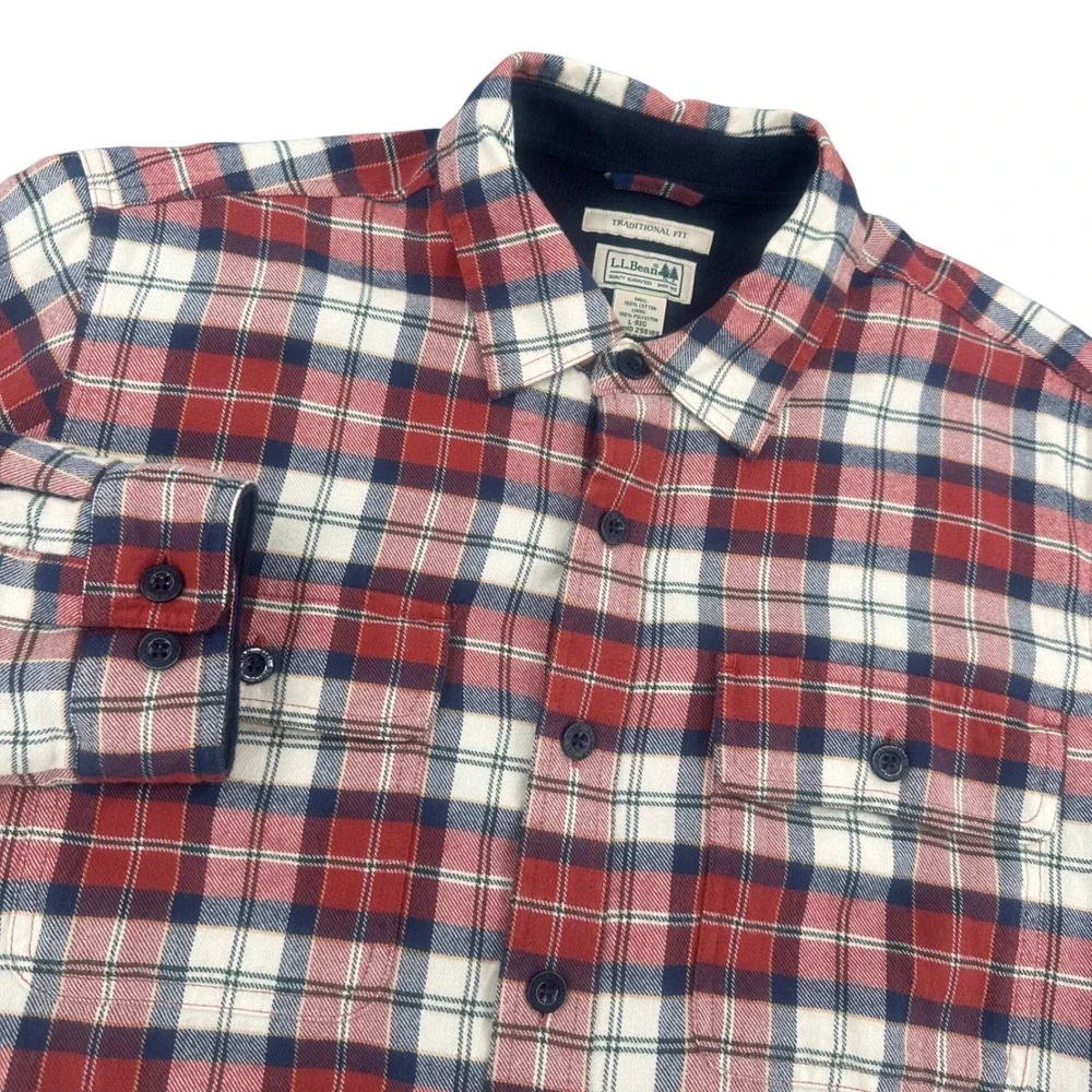 LL Bean Mens Large Fleece Lined Flannel Shirt Jacket Red Plaid Shacket Shacket